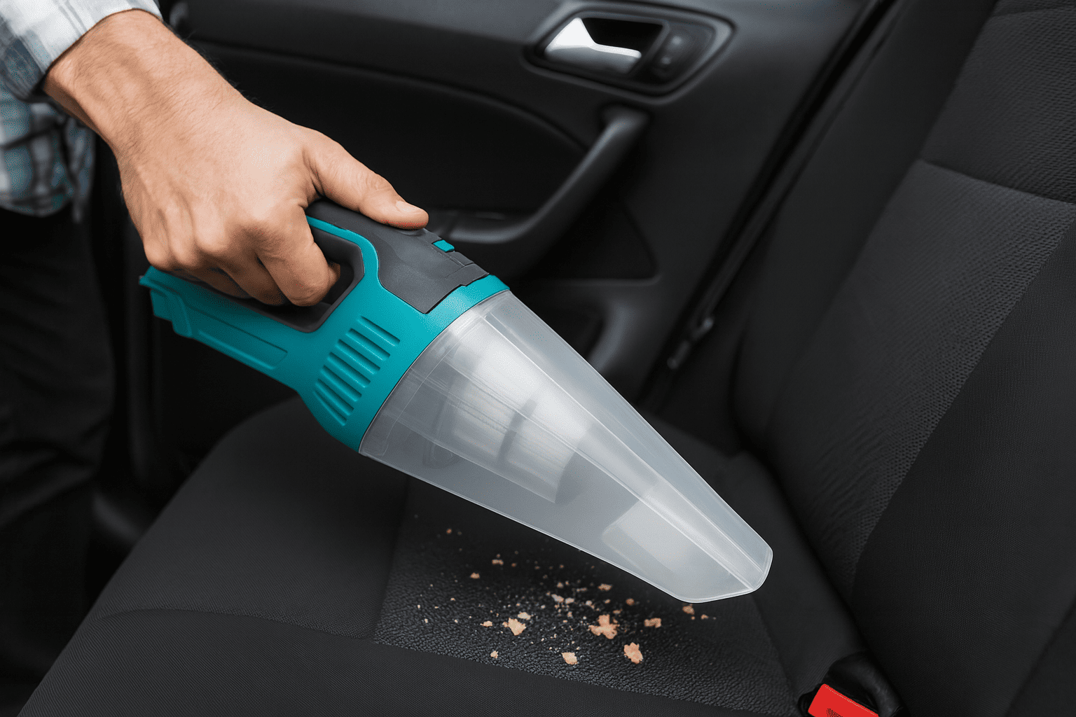 Aspiradora de mano limpiando migas en el asiento del coche